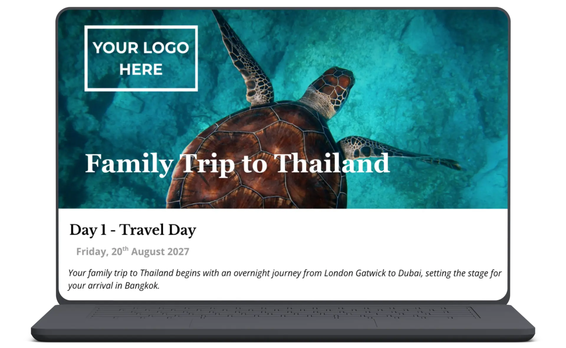 A Qtango proposal for a family trip to Thailand, shown open on a laptop