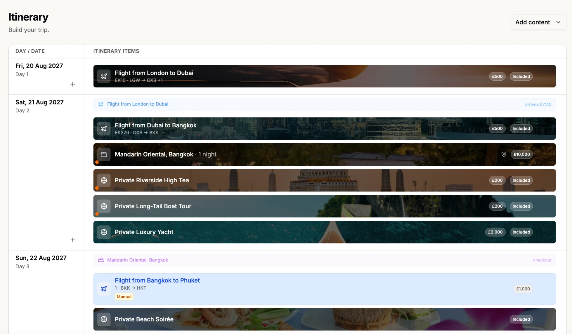 Qtango itinerary builder showing a day-by-day Thailand trip