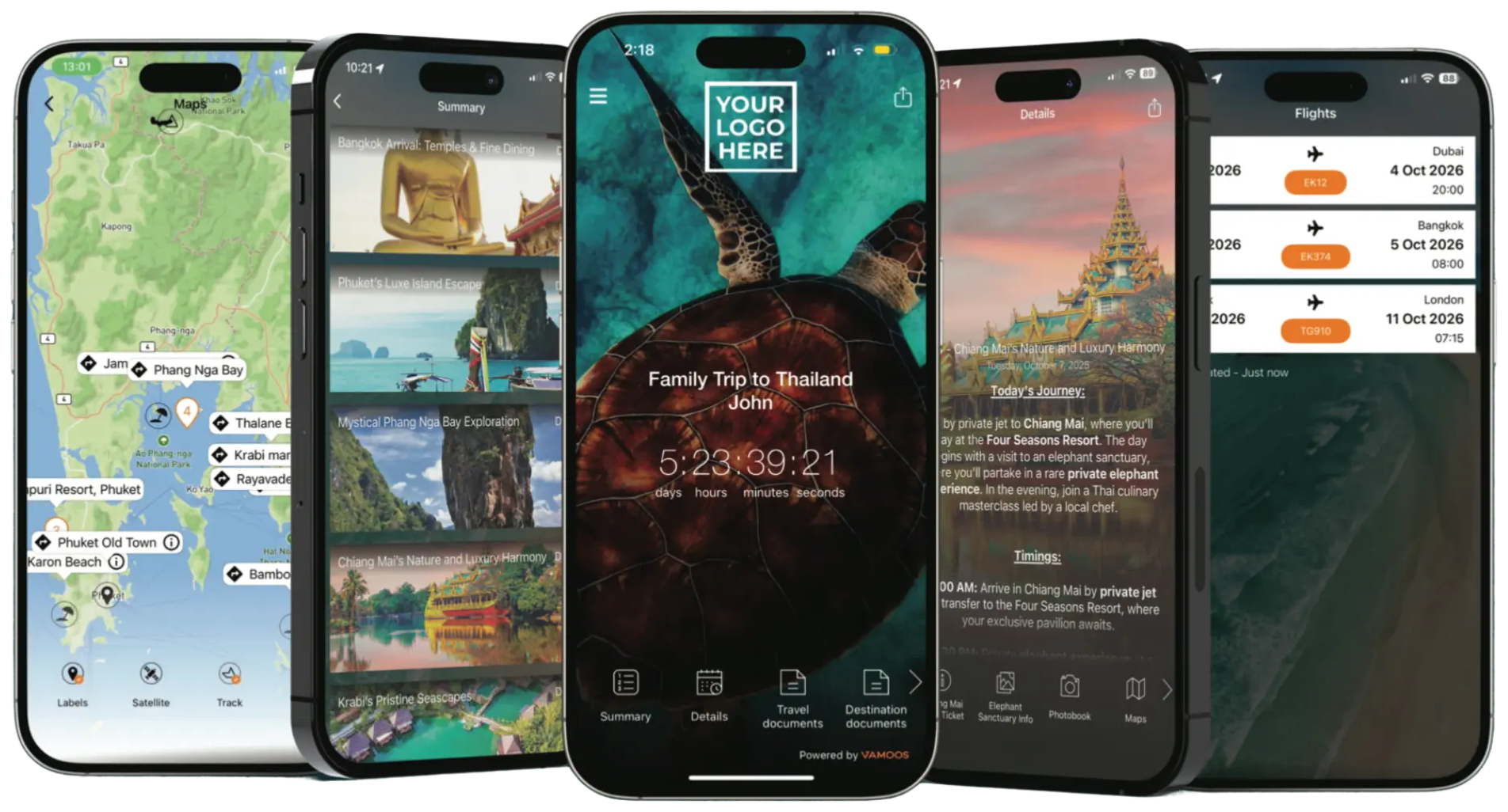 Five phones showing a Thailand trip in the Vamoos app: a map of the route, the day-by-day summary, the trip home with a countdown, the day's details and the flight list