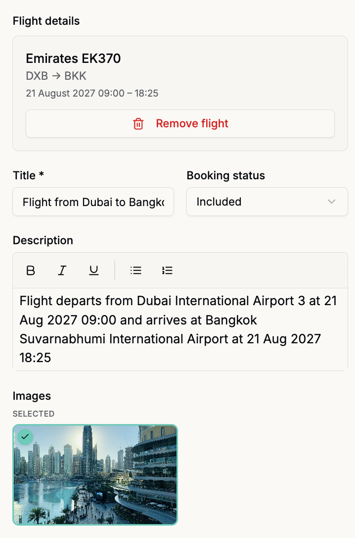 Flight details editor with Emirates EK370 from Dubai to Bangkok filled in