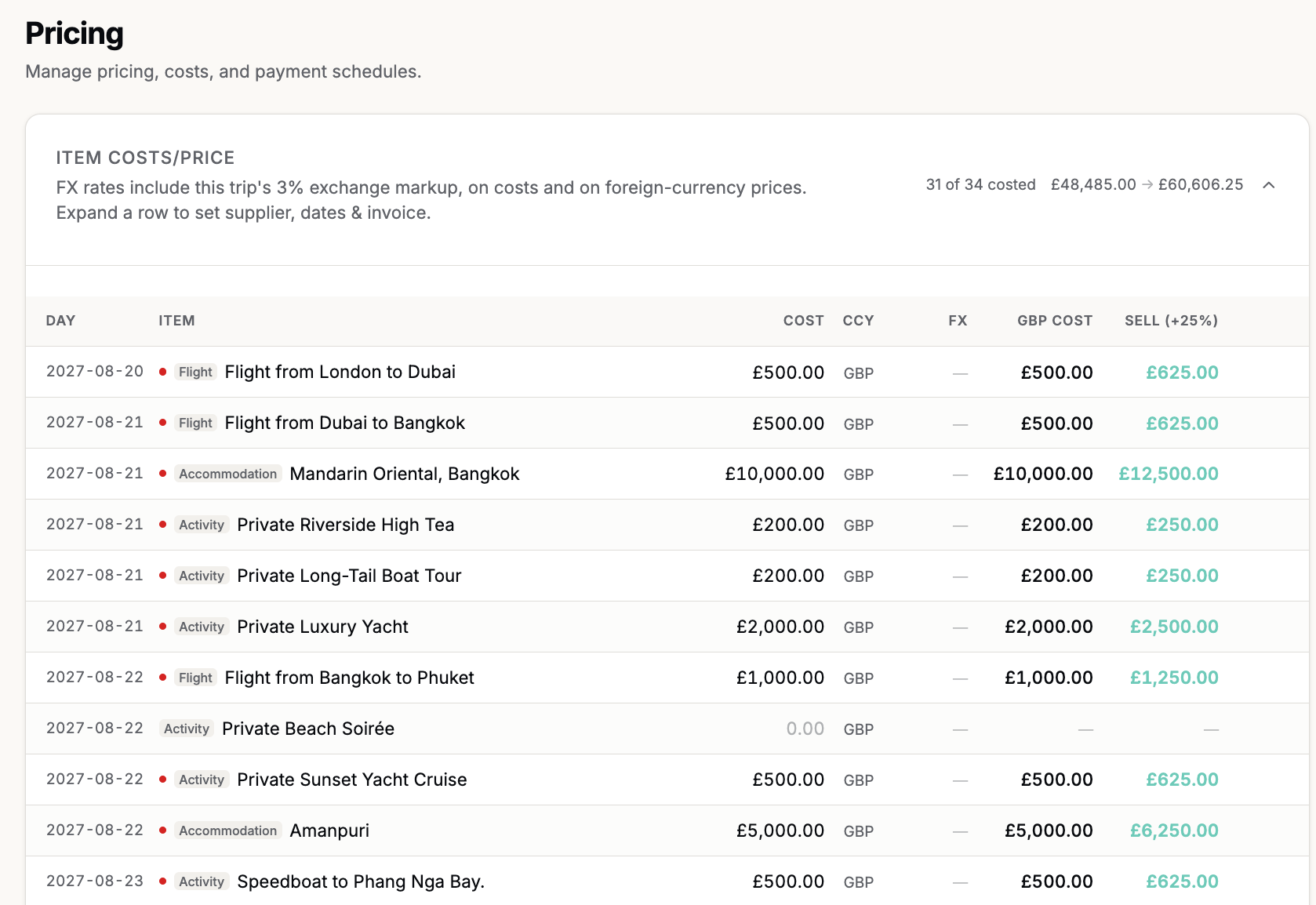 Qtango pricing table with costs, FX and markup