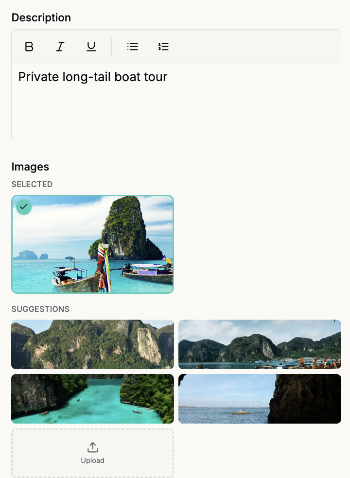 AI image suggestions appearing as a trip description is typed
